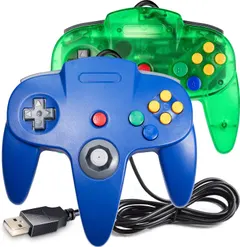 2 Pack Classic N64 Controller, suily N64 Wired USB PC Game pad Joystick, N64 Bit USB Wired Game Stick Joy pad Controller for Windows PC MAC Linux Raspberry Pi 3 Sega Genesis (Clear Green/Blue)