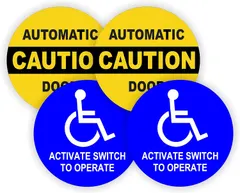(2-Pair) 5-inch Round CAUTION AUTOMATIC DOOR - ACTIVATE SWITCH TO OPERATE Decals | Weatherproof Vinyl Stickers | Glass Entry Labels Small Business Office Handicap Entrance Exit Compliance