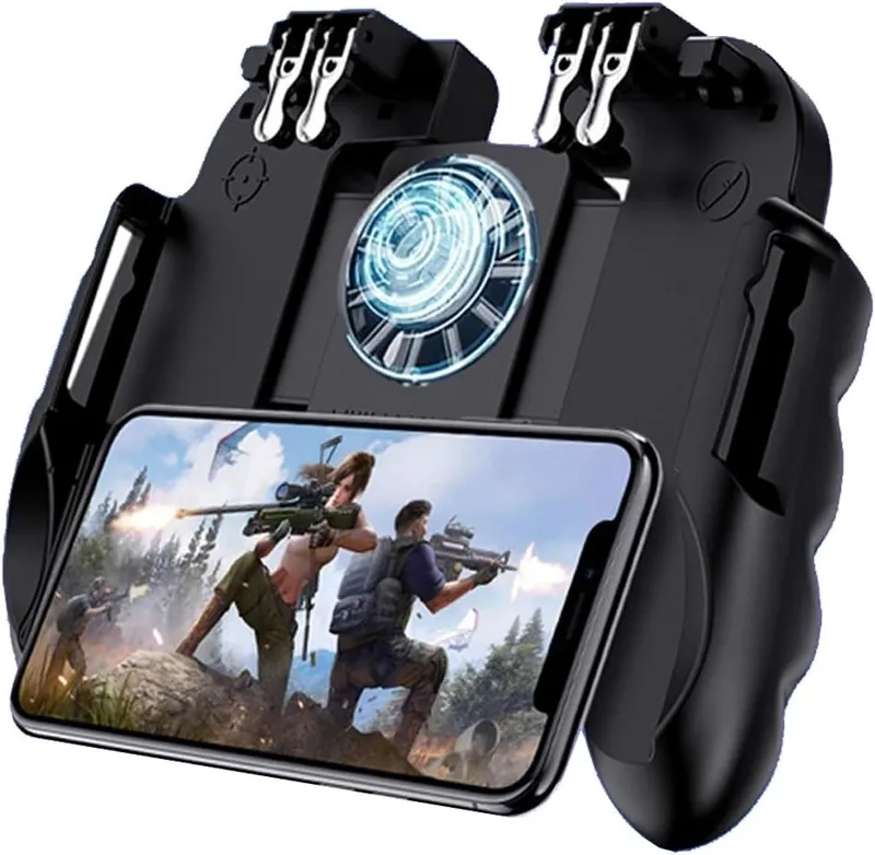 4 Trigger Mobile Game Controller with Cooling Fan - Adjustable Stand - for PUBG - Fortnite - 6 Finger Mode L1R1 or L2R2