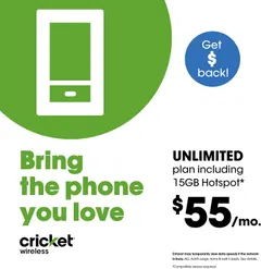 $55 Monthly Subscription for Cricket Unlimited Talk/Text/Data includes 15GB Mobile Hotspot plan + SIM Kit