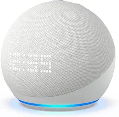 All-New Echo Dot (5th Gen, 2022 release) with clock | International Version with US Power Adaptor | Smart speaker with clock and Alexa | Glacier White