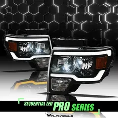 Alpha Owls 8707548 Full LED Projector Headlights With Switchback Sequential LED Light Bar & Startup Light - Black Amber Fits 2009-2014 Ford F150 Halogen Models