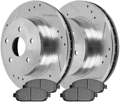 AutoShack BRKPKG003812 Front Drilled Slotted Brake Kit Rotors Silver and Ceramic Pads Pair of 2 Driver and Passenger Side Replacement for 2005-2010 Jeep Grand Cherokee 2006-2010 Commander 4WD AWD RWD