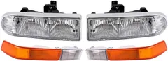 Brock Replacement Driver and Passenger Side Halogen Combination Headlight Assemblies and Park Signal Fog Light Units 4 Piece Set Compatible with 1998-2005 Blazer & 1998-2004 S10