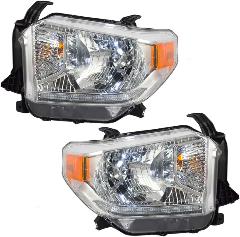 Brock Replacement for Pair Set Halogen Combination Headlights Headlamp w/Chrome Bezel Compatible with 14-17 Tundra w/Pow