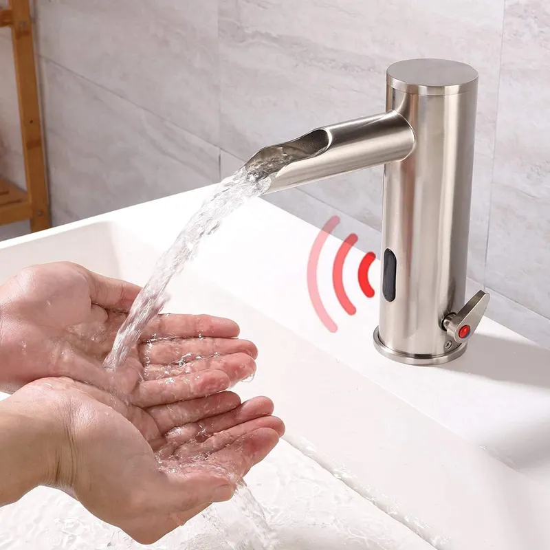 BULUXE Touchless Electronic Automatic Sensor Hot & Cold Waterfall Spout Bathroom Sink Faucet in Brushed Nickel