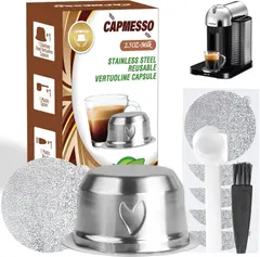 CAPMESSO Coffee Capsule, Refillable Vertuo Capsules Reusable Coffee Pod with Foil Lids Stainless Steel Compatible with Vertuoline GCA1,ENV135,Vertuo Plus (2.5oz pod+50 Foils)
