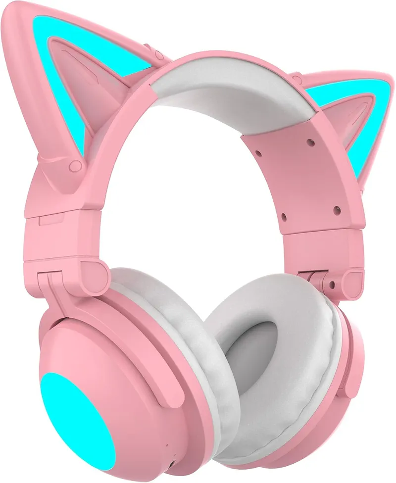 Cat Ear Gaming Headset with Microphone, Wireless Bluetooth 5.0 Foldable Headphones with 7.1 Surround Sound and RGB LED L