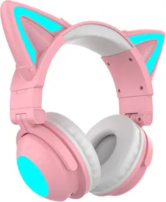 Cat Ear Gaming Headset with Microphone, Wireless Bluetooth 5.0 Foldable Headphones with 7.1 Surround Sound and RGB LED Light, Wired Over Ear Headset for Tablet PC Cell Phones, Gift for Gamers Girls