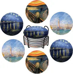 Coasters for Drinks,Absorbent Coasters with Holder,Drinks Coaster Sets of 6,Ceramic Coasters for Wooden Table,Reusable Stone Coaster Set with Cork Base,Great Gift for Home and Dining Decor
