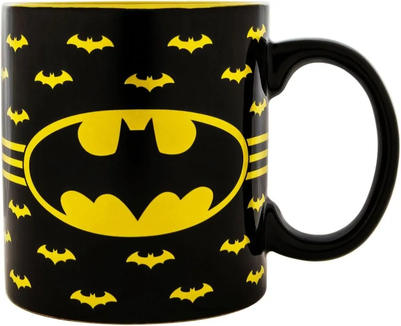 DC Comics Silver Buffalo Batman Logo with Bat Pattern Ceramic Coffee Mug, 14 Ounces, Black/Yellow, (BN8632)