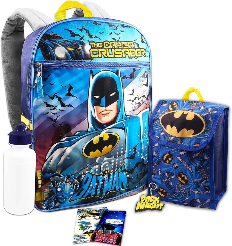 DC Shop DC Comics Batman Backpack Set ~ 7 Pc Bundle with 16'' Batman Backpack for Boys Kids, Lunch Bag, Water Bottle, an