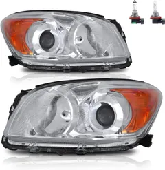 Dreenfl Halogen Projector Headlight Assembly Compatible with 2009-2012 Toyota RAV4 (Chrome Housing/Amber Reflector)