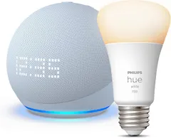 Echo Dot (5th Gen) with Clock | Cloud Blue with Philips Hue White Smart Bulb