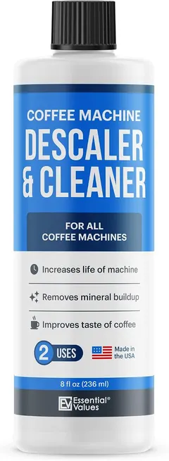 Essential Values Coffee Machine Descaler - 2 Uses - Descaling Solution for Nespresso Breville Keurig Jura & More - USA Made Cleaner For All Coffee Machines, Glass Pot Cleaner and Espresso Makers