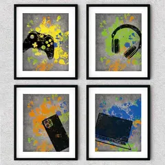 FALJIOK Tech Themed Room Decor, Tech Themed Art Print Room Wall Decoration （8"x10" set 4, Video Game Themed Art Print Room Gift for Boys Kids Brother Grandson Nephew, Unframed