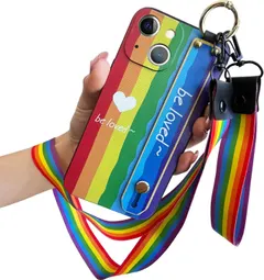FLYEE Removable Lanyard Case Compatible with iPhone 13 Cute case for Women and Girls,Rainbow Design Case with Strap & Convertible Stand & Shockproof