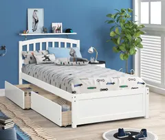 Hanway Twin Platform Bed with 2 Drawers: Solid Pine Wood Bed Frames with Storage Underneath, Elegant White Paint