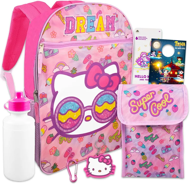 Hello Kitty Backpack with Lunch Box - Bundle with 16” Hello Kitty Backpack for Girls, Hello Kitty Lunch Bag, Water Pouch