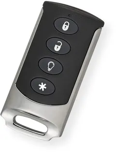 Interlogix TX-E101 Wireless 4-Button Chrome Keyfob; LED Confirmation of Wireless Signal Transmission; Arm, Disarm and Two Programmable Buttons; Replaceable Battery; Durable Silk-screened Button Labels