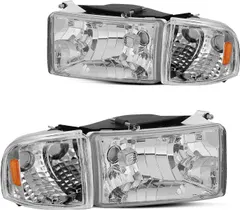 JSBOYAT Headlight Assembly Replacement Compatible with 1994-2002 Dodge Ram 1500 2500 3500 Pickup Driver Passenger Side (Chrome Housing with Amber Reflector)