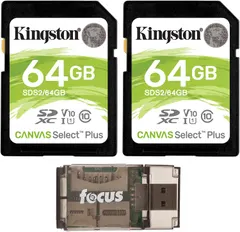 Kingston 64GB SDHC Canvas Select Plus Memory Card (2-Pack) Bundle with High Speed Card Reader (3 Items)