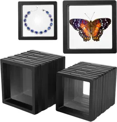 Linkstyle 10PCS Floating Display Case, 3D Floating Frame Display Holder Stand, Transparent PE Jewelry Storage Box for Challenge Coins AA Medallions Specimens Chip, Black, 4.3x4.3in, 3.5x3.5in