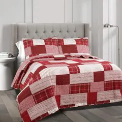MISC Red White Buffalo Check Quilt Full Queen Set Patchwork Bedding Cabin Themed Plaid Pattern Ultra Soft Comfy Reversible, 3 Piece
