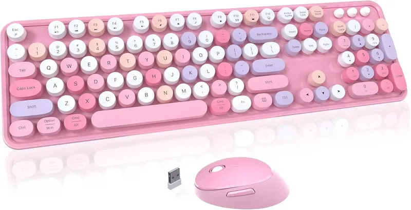 MoMoOne Wireless Computer Keyboards Mouse Combos Set, Colored Retro Round Keycaps, Colorful QWERTY Typewriter Full Size 
