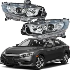 munirater Driver & Passenger Side Chrome Projector Headlight Assembly Replacement for 2016 2017 2018 Honda Civic, Replaces Halogen Headlight (Pack of 2)