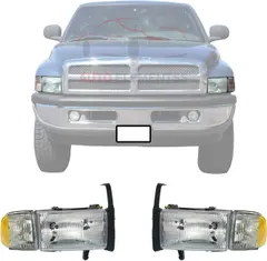New Front Headlight Halogen Assembly With Corner Lights Driver & Passenger Side For 1994-2001 Dodge Ram 1500 / 1994-2002 Ram 2500 3500 Direct Replacement 55076748AD 55076748AO 55076749AD 55076749AO