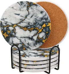 OBloved Coasters for Drinks, Absorbent Ceramic Marble Design Coasters with Holder and Cork Base Set of 6 Pcs, Housewarming Gift for Men and Women Stone Coasters
