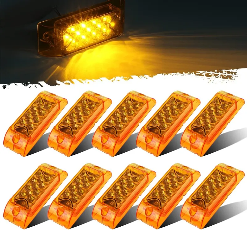 Partsam 10Pcs 2" x 6" Rectangular Amber 13LED marker light w/reflector, Multi Faceted 6x2 Rectangle Led Truck Trailer Si