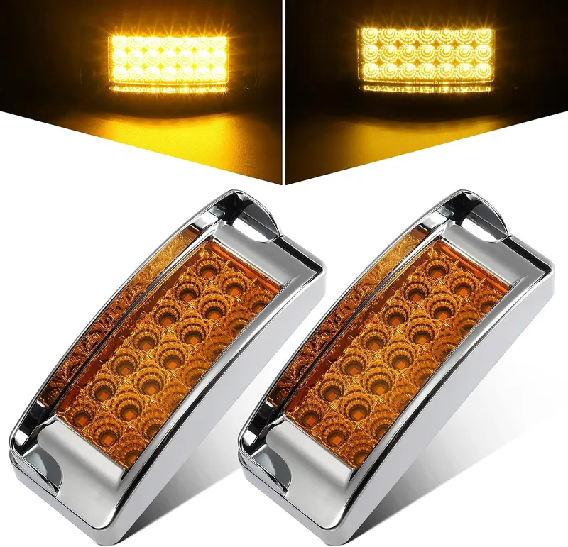 Partsam 2Pcs 2" x 6" Rectangular Trailer Marker LED Lights 21 Diodes with Chrome Plastic Light Bezel w/Visors, Amber 6"