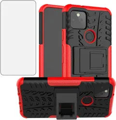 Phone Case for Google Pixel 5 with Tempered Glass Screen Protector Cover and Stand Kickstand Hard Rugged Hybrid Protective Cell Accessories Pixel5 5G Pixle Five G5 Cases Men Boys Women Girls Black Red