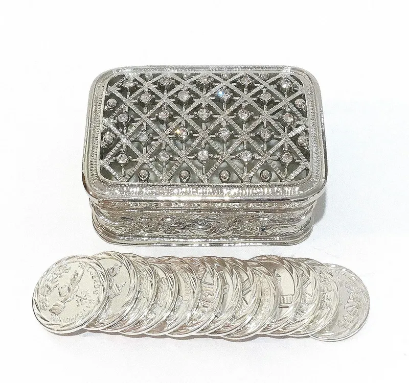Rectangular Silver Rhinestones Wedding Arras Box & Unity Coins Arras de boda