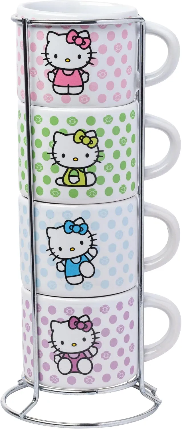 Silver Buffalo Sanrio Hello Kitty Polka Dots 4pc Stackable Ceramic Espresso Small Cup Set, 3 Ounces