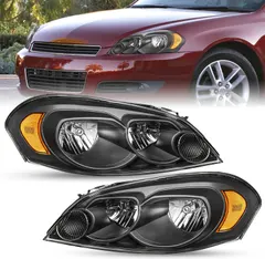 SOCKIR Halogen Headlight Assembly Set Compatible with 2006-2013 Chevy Impala / 2014-2016 Chevrolet Impala Limited / 2006-2007 Chevy Monte Carlo OE Style, Black Housing with Amber Reflector