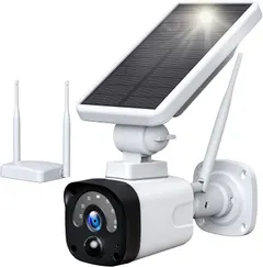 Solar Security Camera Outdoor, Wireless Solar Powered Security Camera (Includes Base Station and 1 1080P Camera) with PIR Motion Detection, Night Vision, 2-Way Audio, 5dbi Antenna, IP65 Waterproof