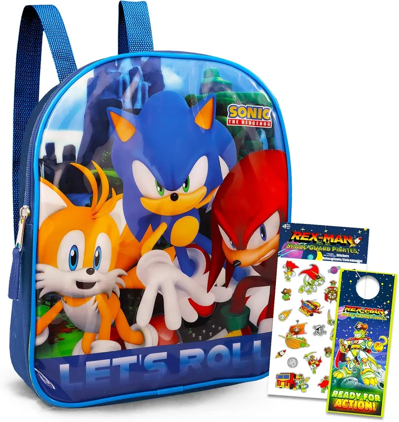 Sonic the Hedgehog Mini Backpack - 11" Sonic Backpack Bundle with Mario Stickers, and More (Sonic Backpack for Kids and