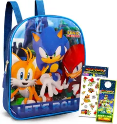 Sonic the Hedgehog Mini Backpack - 11" Sonic Backpack Bundle with Mario Stickers, and More (Sonic Backpack for Kids and Toddlers)