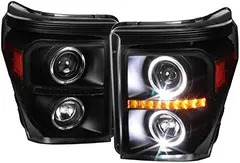 SPEC-D TUNING Black LED Halo Projector Headlights Compatible with 2011-2016 Ford F250/F350/F450/F550 Super Duty Left + Right Pair Headlamps Assembly