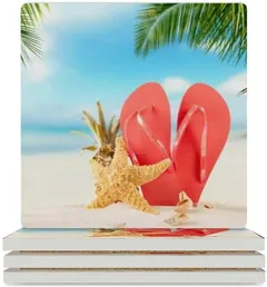 Square Coasters for Drinks Absorbent Ceramic Stone Summer Flipflops Starfishs Beach Exotic Set Cork Base Wooden Table Women Men{Size_Name} Protection Cups Mats Apartment Kitchen Room Bar Decor 2 PCS