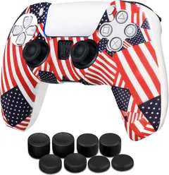TNP Controller Cover Skin Case + 8 Thumb Grips Set Compatible with Sony PS5 Playstation 5 - Protective Soft Silicone Gel & Anti-Slip Stick Caps Accessories for Video Games Gamepad (US Flag)