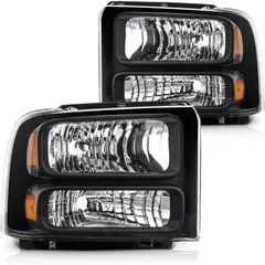 Torchbeam Replacement Headlight Assembly Compatible with 2005 2006 2007 Super Duty F250 F350 F450 F550 Black Housing Amber Reflector Driver and Passenger Side
