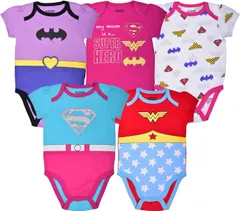 WARNER BROS DC Comics Girls’ Short Sleeve Bodysuit 5 Pack for Newborn and Infant – Purple/Pink/White/Blue/Red