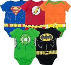 WARNER BROS DC Comics Justice League Batman Superman The Flash Baby 5 Pack Costume Bodysuits Newborn to Infant