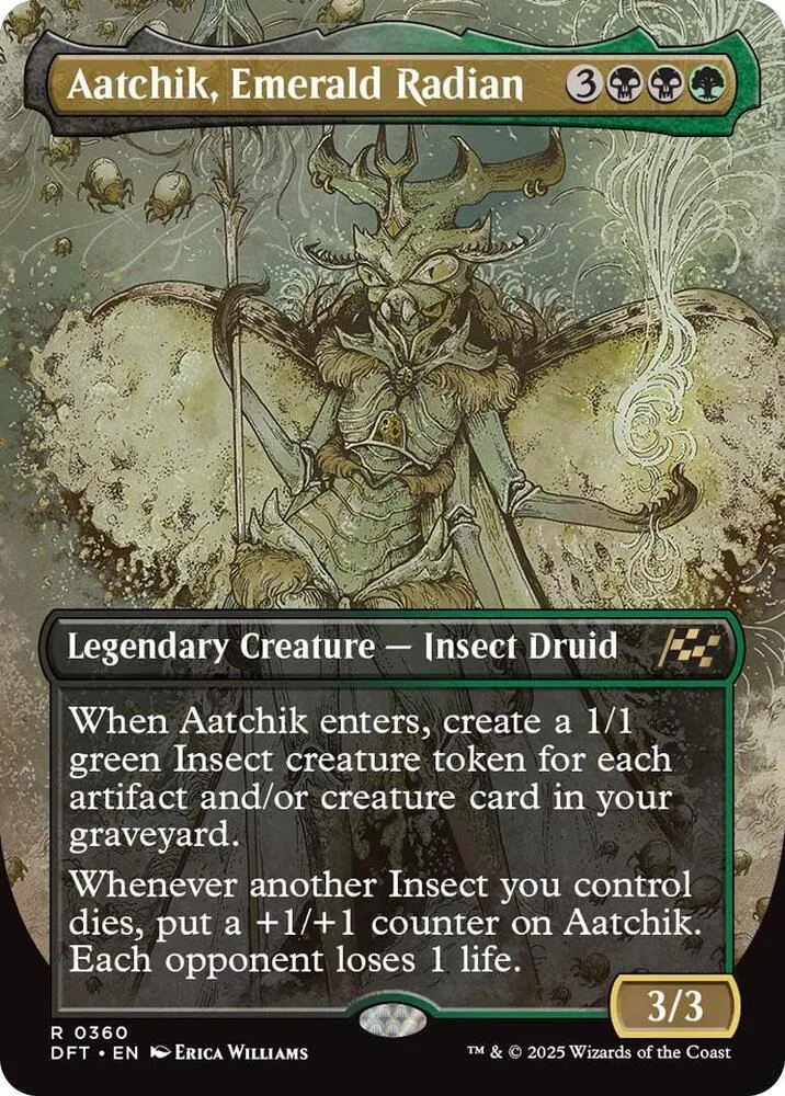 Green insect druid creature card art, showing a large, antlered insect figure.