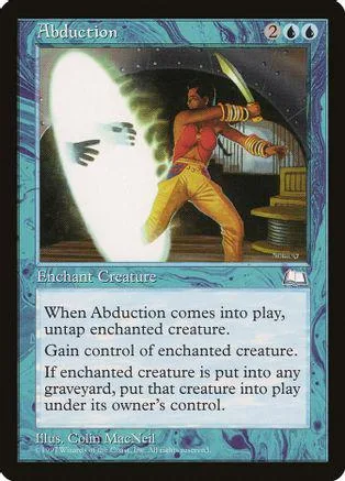 Figure in orange and yellow costume facing a large white UFO. Magic card art.