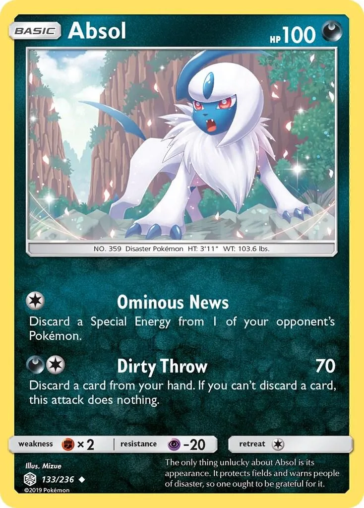 White Absol Pokémon card with blue accents, showing attack abilities and stats.